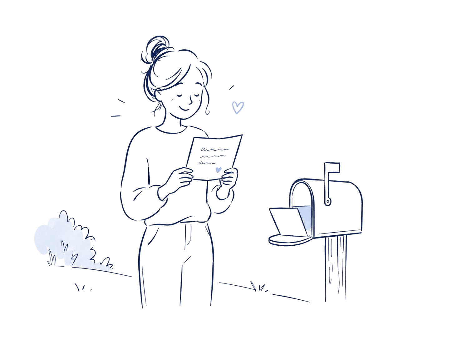 Hand-drawn person reading a card beside a mailbox