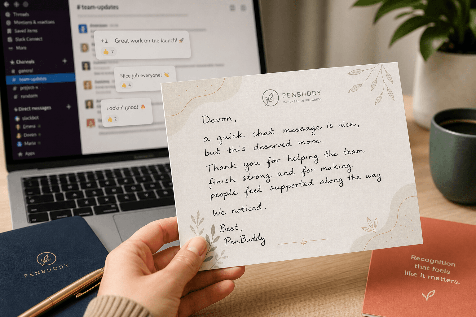 Laptop notifications contrasted with a physical handwritten card