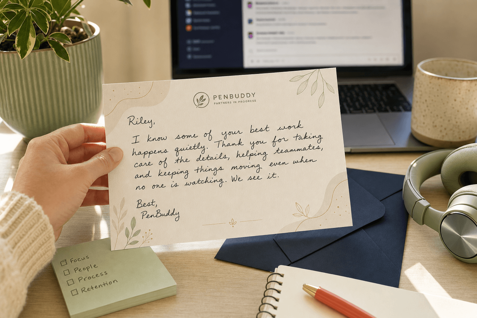 Handwritten note and employee engagement planning documents
