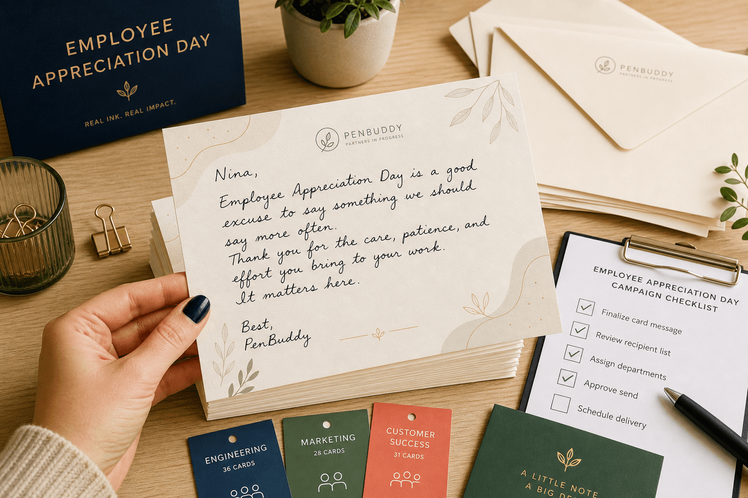 Employee appreciation card stacks prepared for a company-wide campaign