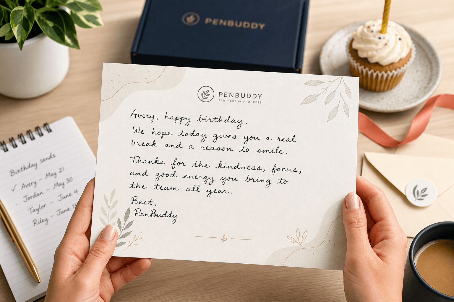 Handwritten employee birthday card stack with envelopes