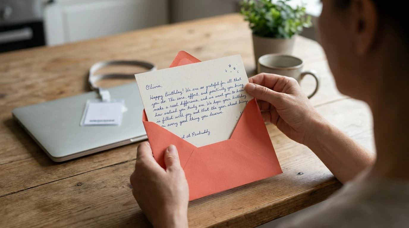 Employee opening a colorful handwritten birthday card at work