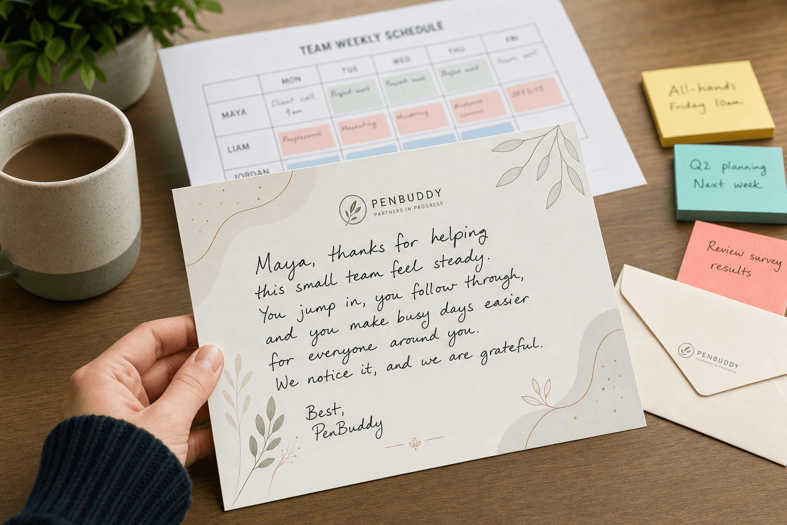 Retention planning desk with handwritten appreciation card