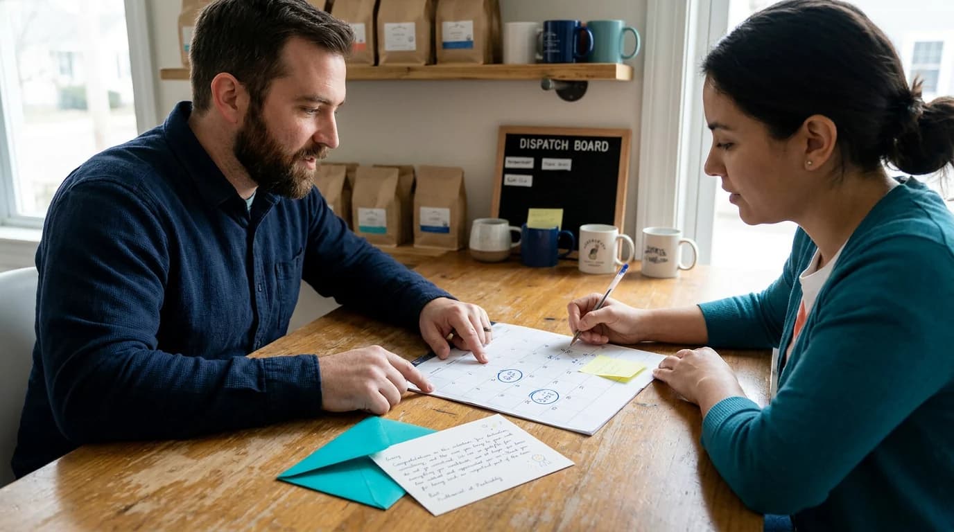 Small business owner pinning a handwritten recognition card beside a shift board