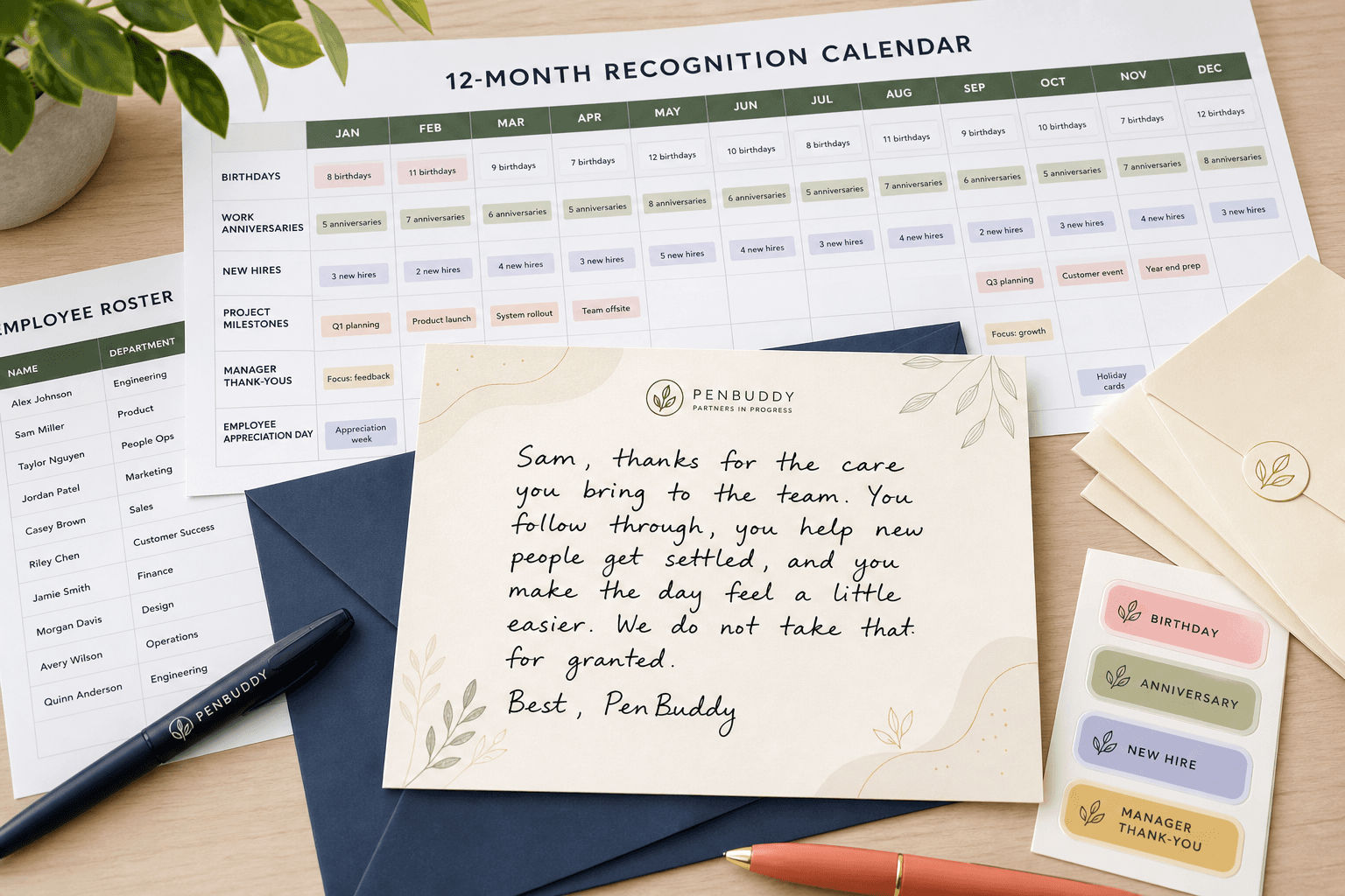Retention program blueprint with handwritten employee card