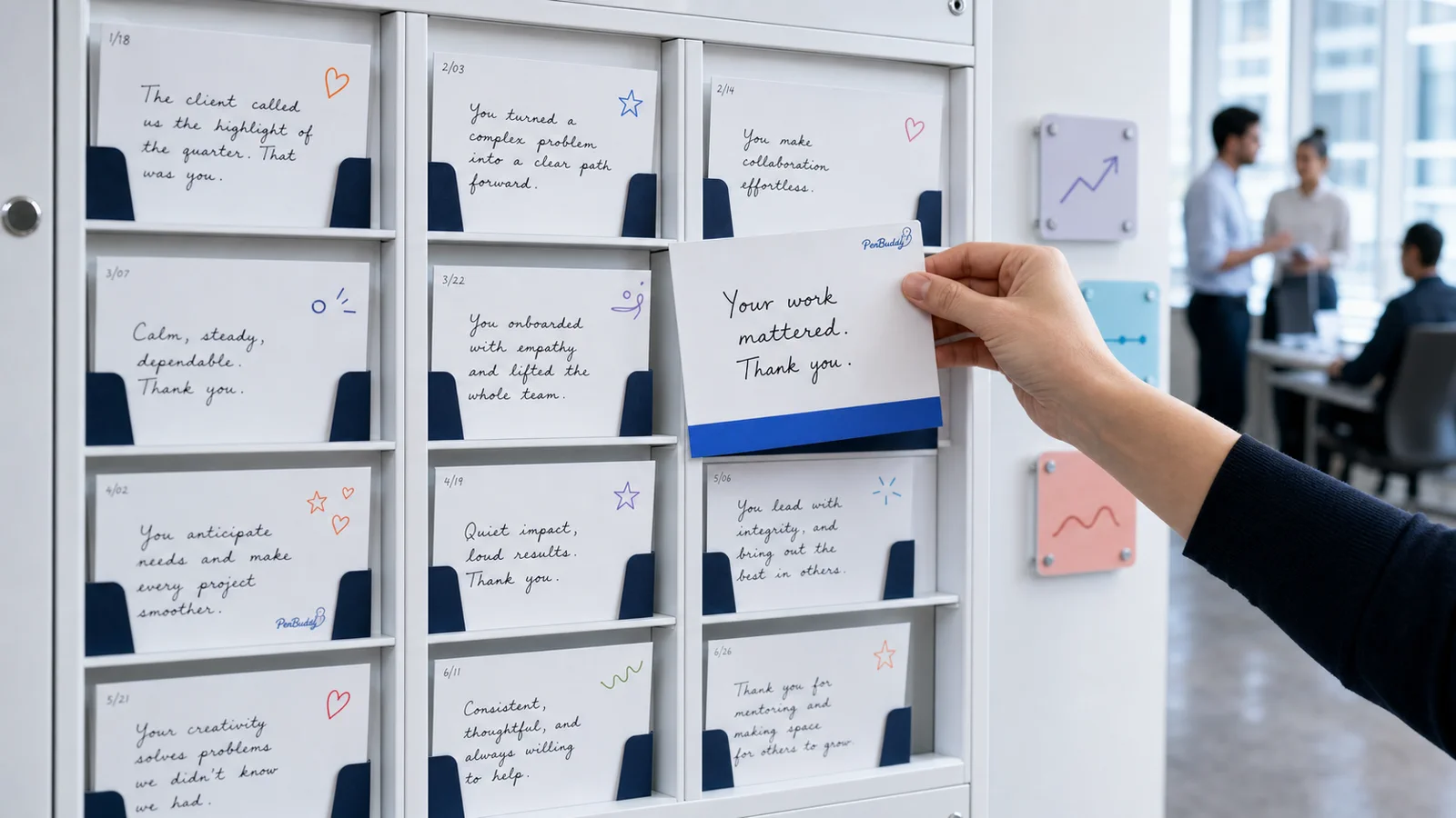 Saved handwritten employee cards displayed beside retention indicators