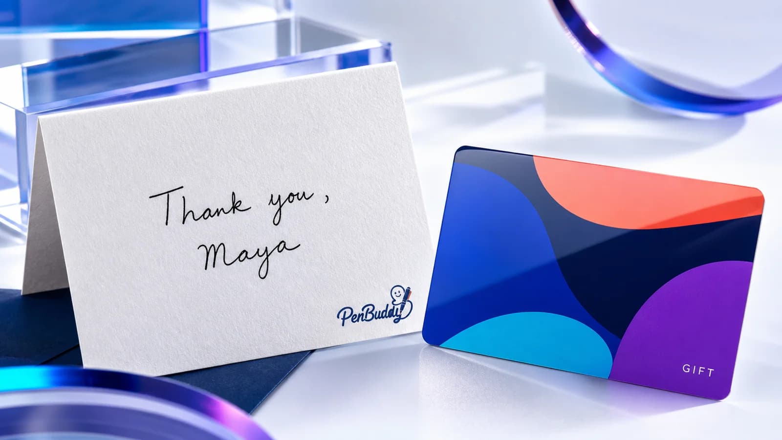 Glossy gift card contrasted with a specific handwritten thank-you note