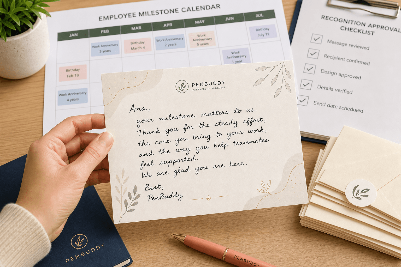 Handwritten card process for employee recognition