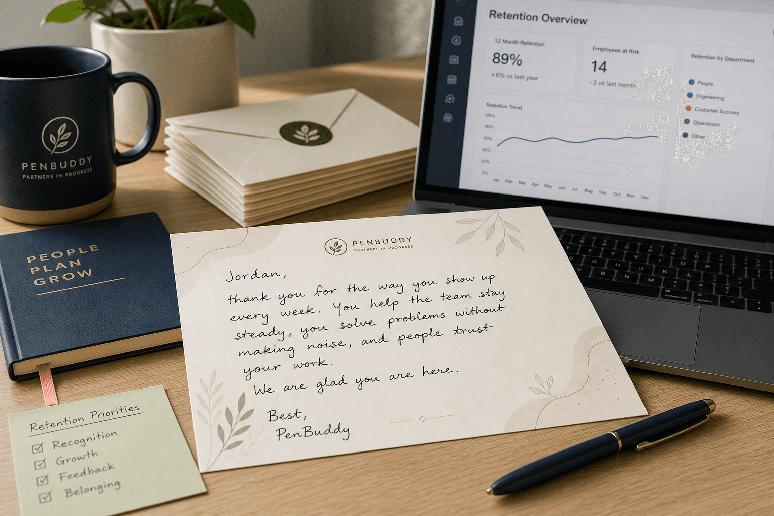 Handwritten employee recognition card beside retention planning materials