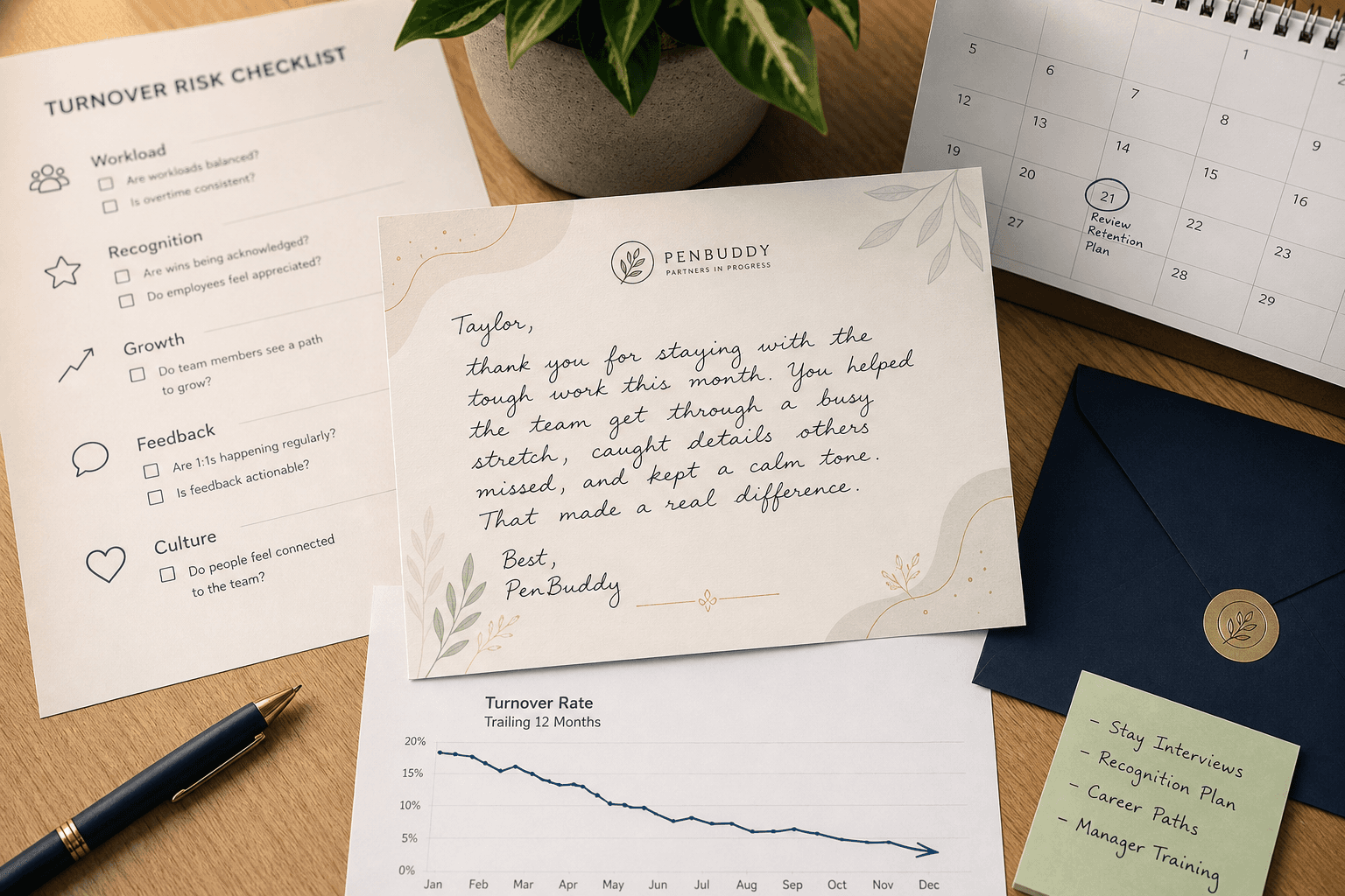 Employee roster and handwritten card used for turnover prevention planning