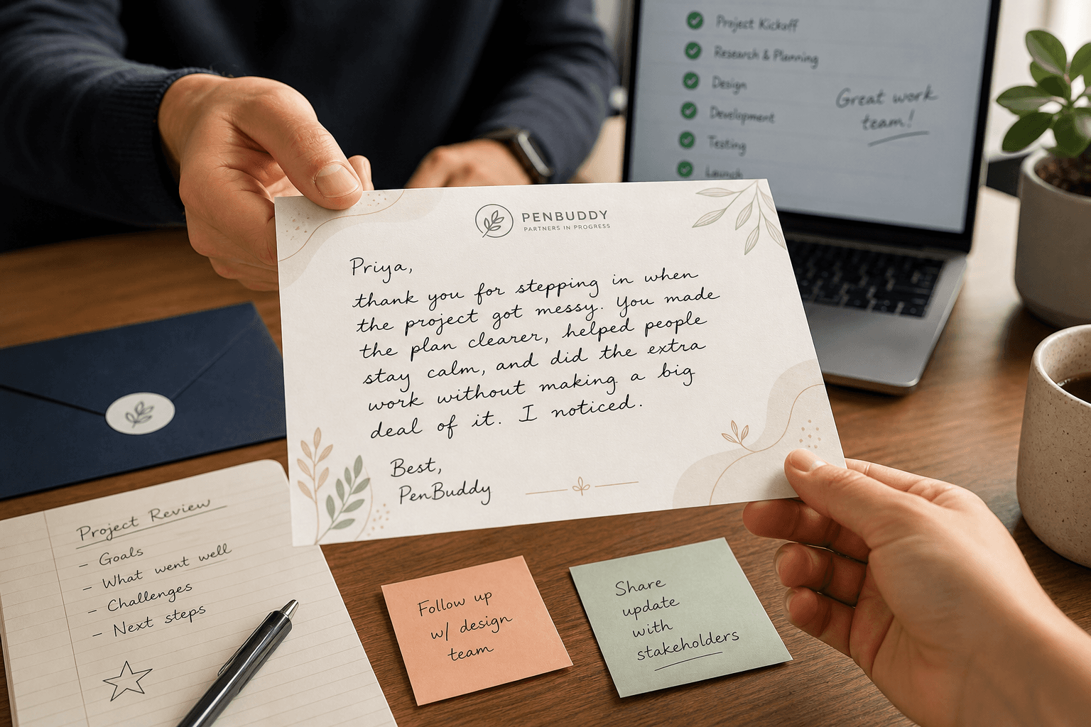 Handwritten appreciation card and envelopes for manager recognition