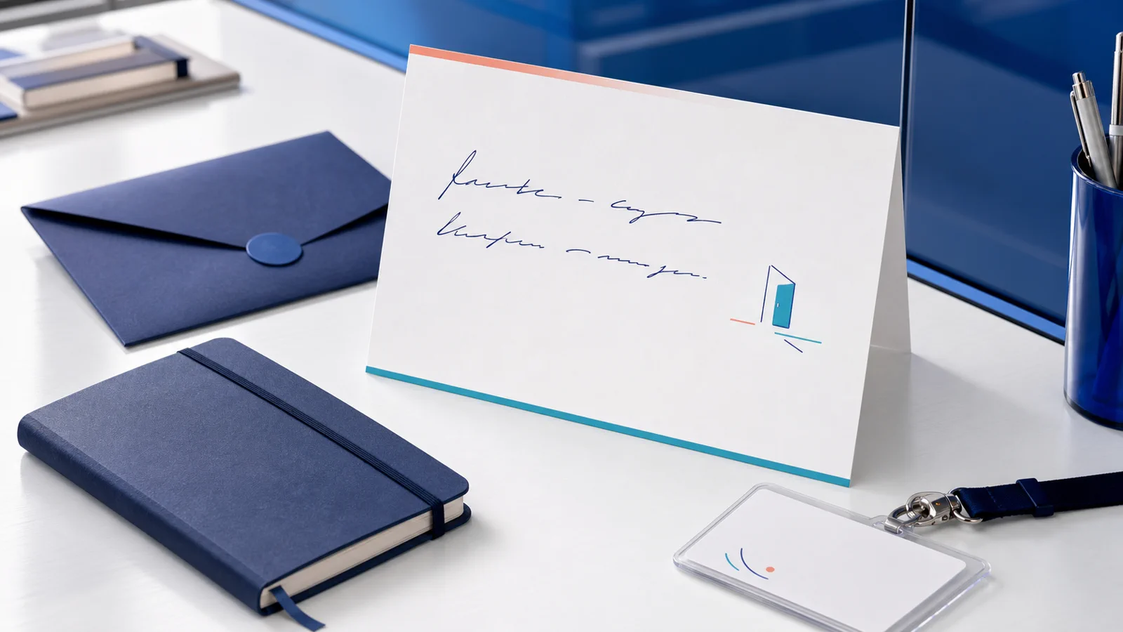 New hire workstation prepared with a handwritten welcome card