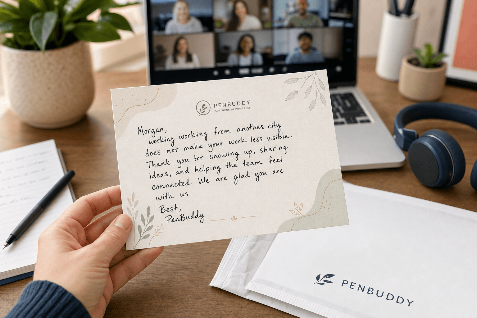 Remote employee recognition card represented by a laptop card illustration
