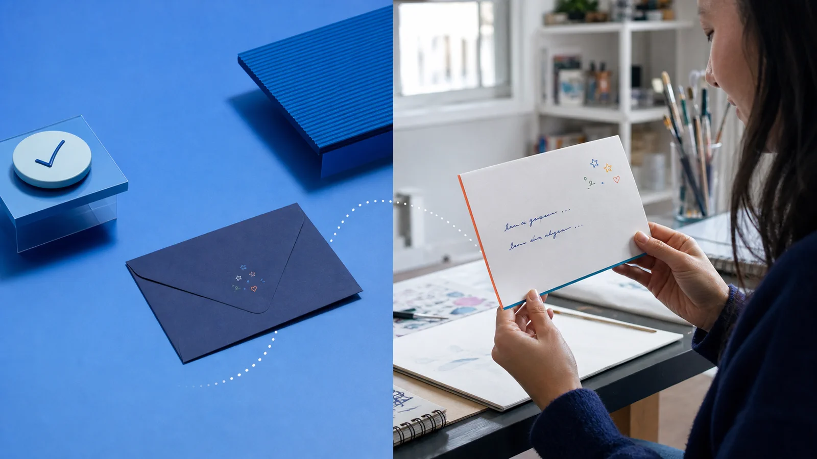 Remote employee opening a mailed recognition card in a home workspace