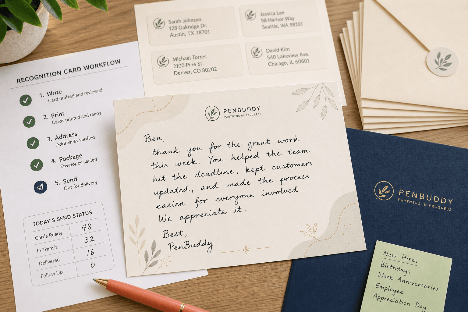 Handwritten recognition card and envelope for HR teams