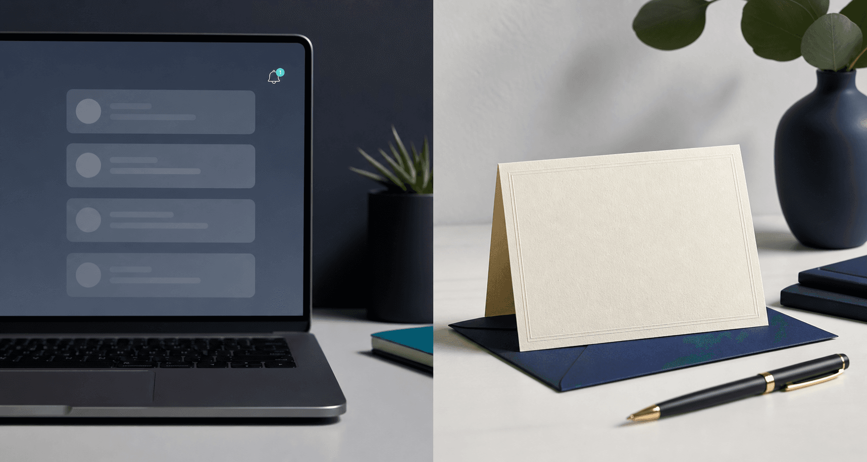 Laptop notifications contrasted with a handwritten card
