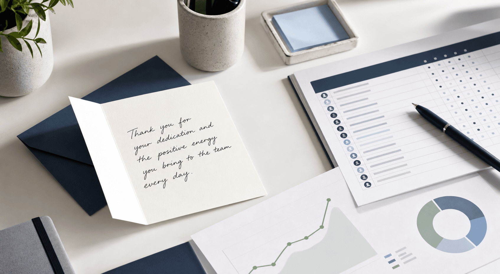 Handwritten employee recognition card on an HR planning desk